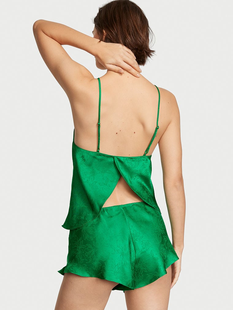 Зелёная жаккардовая пижама с вырезом на спине вид сзади