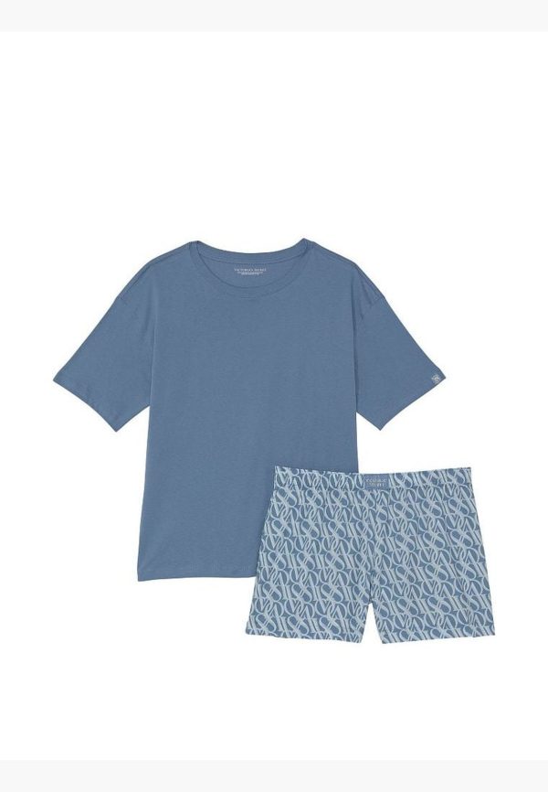 Хлопковая пижама шорты и футболка голубая с лого