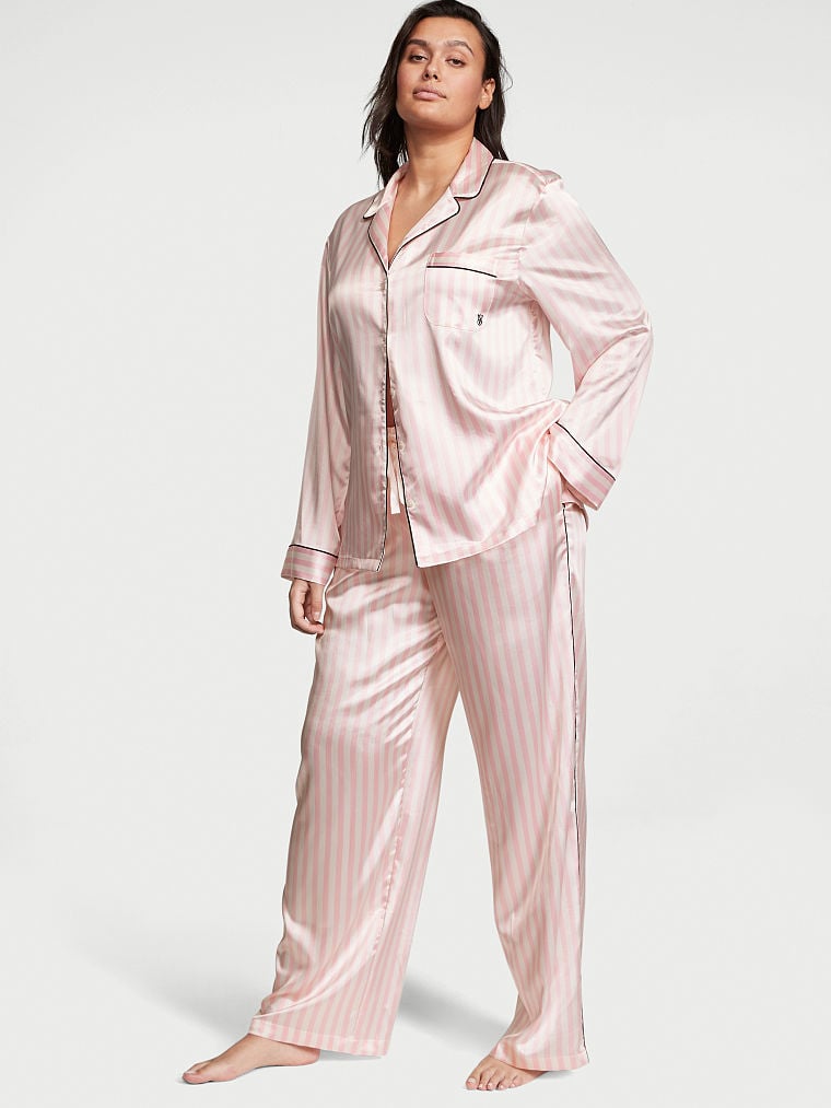 Сатиновая пижама виктория сикрет розовая в полоску вид спереди